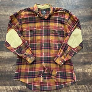 Willis & Geiger brown plaid elbow patch button front flannel shirt outdoor M